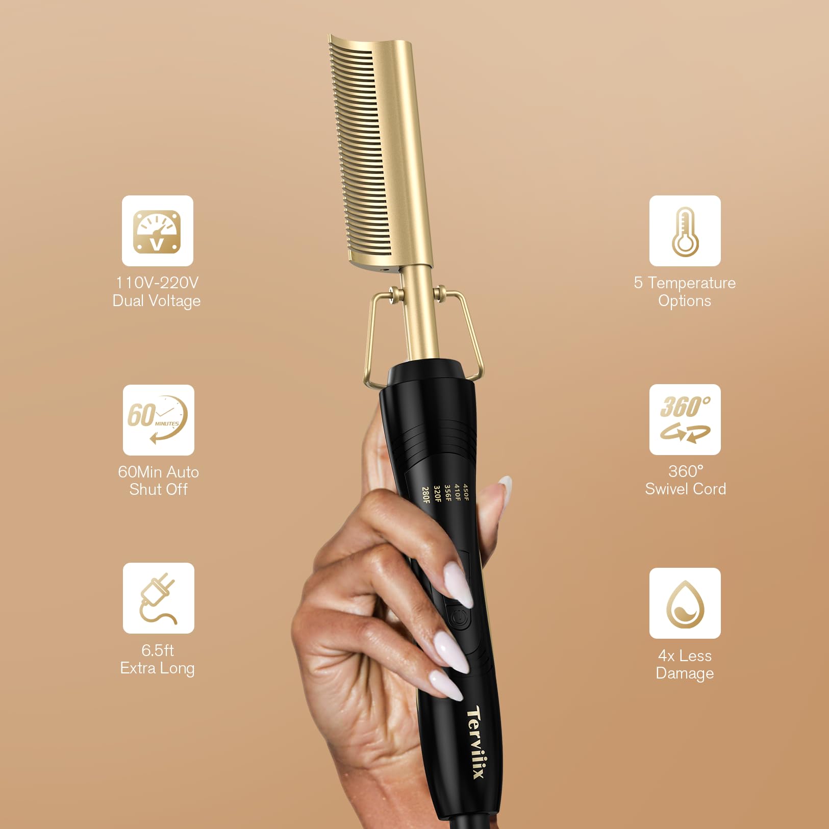 Terviiix hot comb 360 swivel cord reduces tangling in professional or home styling.