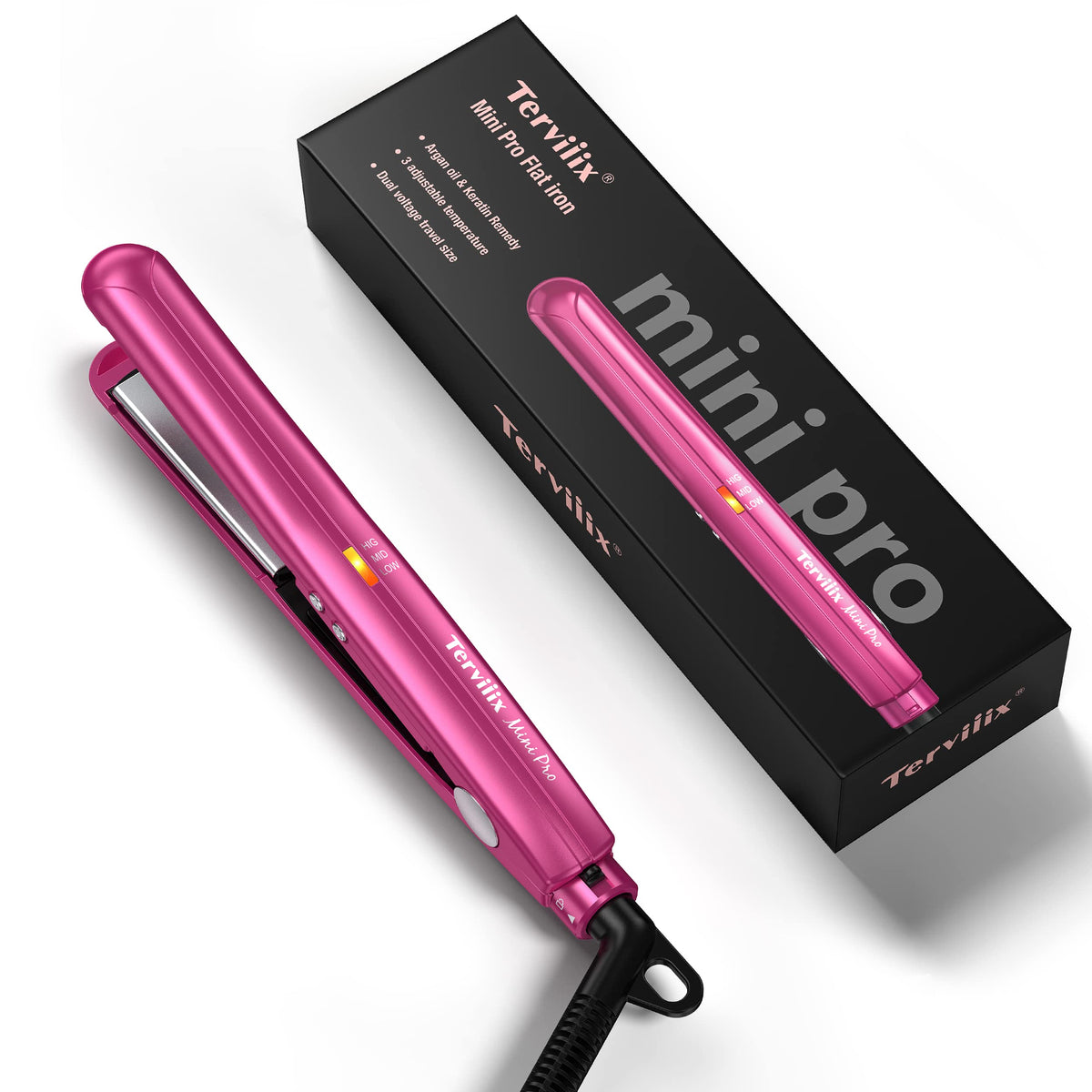 Terviiix mini flat iron shows 360°F temperature dial for precise heat control and smooth styling.