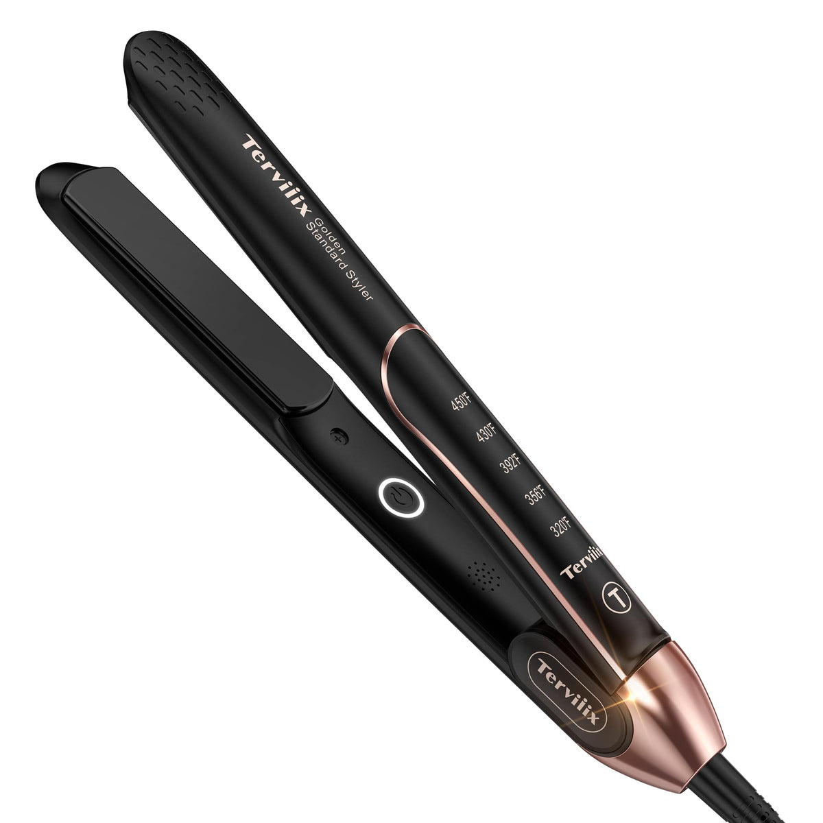 Terviiix non-snagging ceramic flat iron in front view for smooth, frizz-free styling.