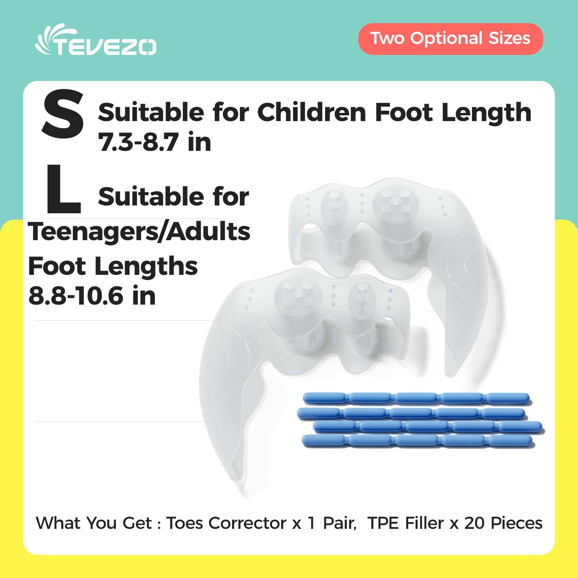 Tevezo toe spacers kids packaging back showing setup guide