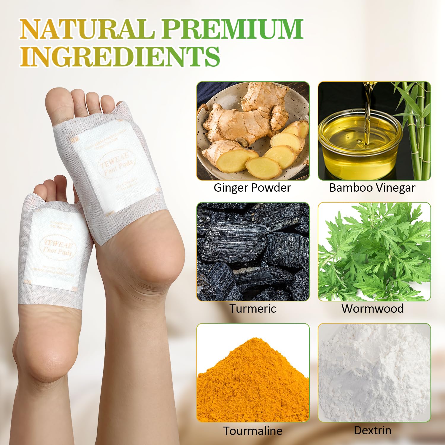 TEWEAE foot pads natural ingredients image with ginger and turmeric