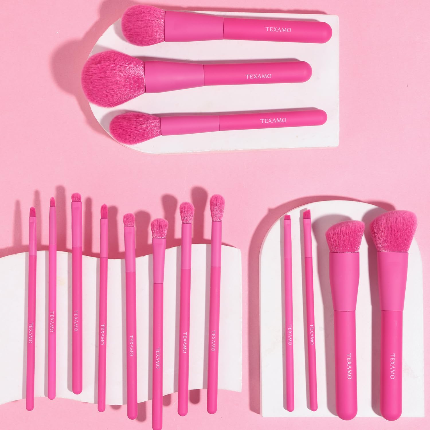 TEXAMO hot pink brush set with gold case highlights travel-friendly beauty toolkit