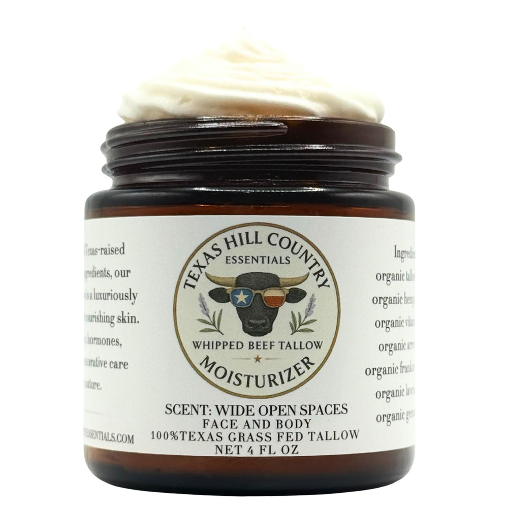 Texas Hill Country Essentials beef tallow jar closeup showing rich texture for nourishing skin.