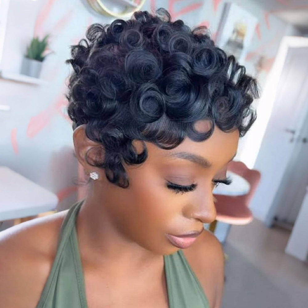 Tgezer Short Pixie Wig curls bangs front view for natural daily wear with soft fibers