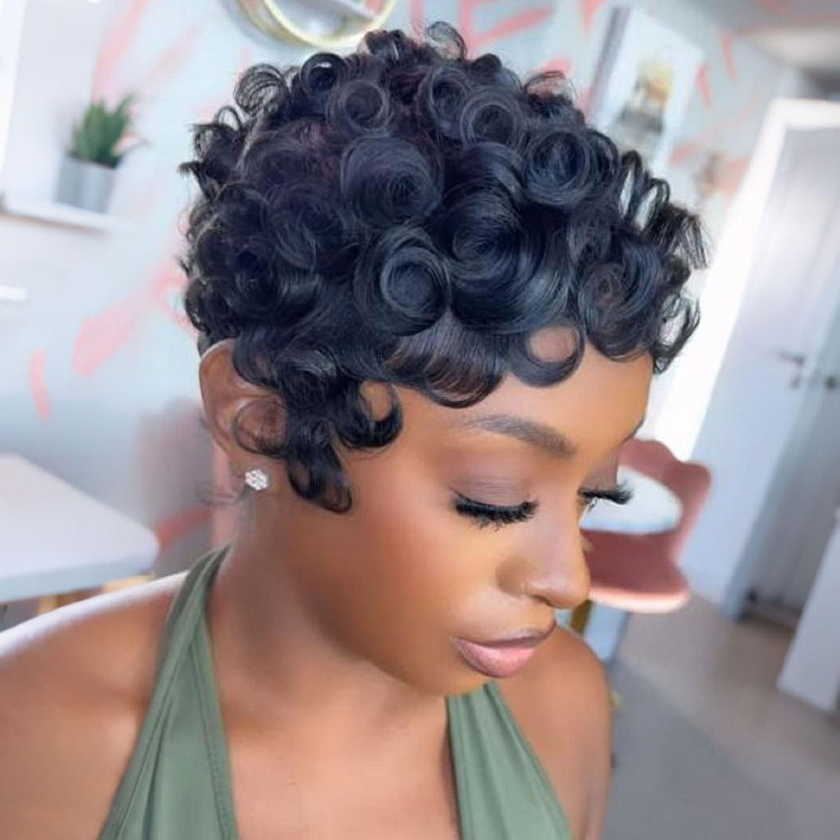 Tgezer Short Pixie Wig curls bangs front view for natural daily wear with soft fibers