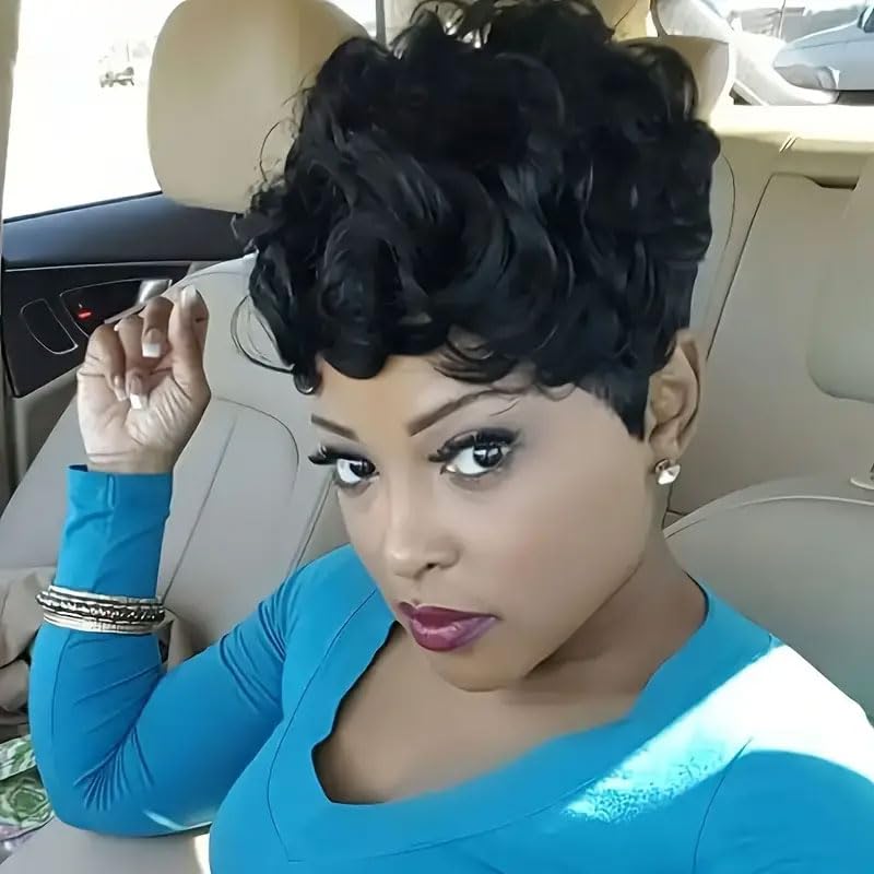 Tgezer Short Pixie Wig curls bangs side view for confident daytime styling