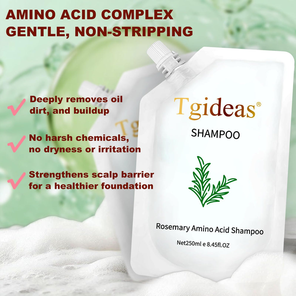 Tgideas Rosemary Biotin Amino Acid Shampoo bottle pour demonstrates easy daily use for fuller-looking hair.