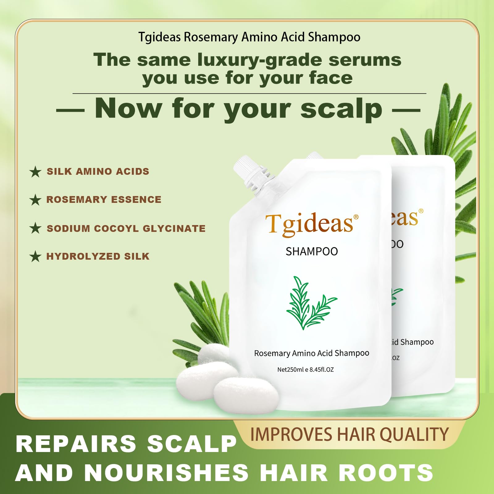 Tgideas Rosemary Biotin Amino Acid Shampoo rosemary extract close-up highlights botanical ingredient for natural care.