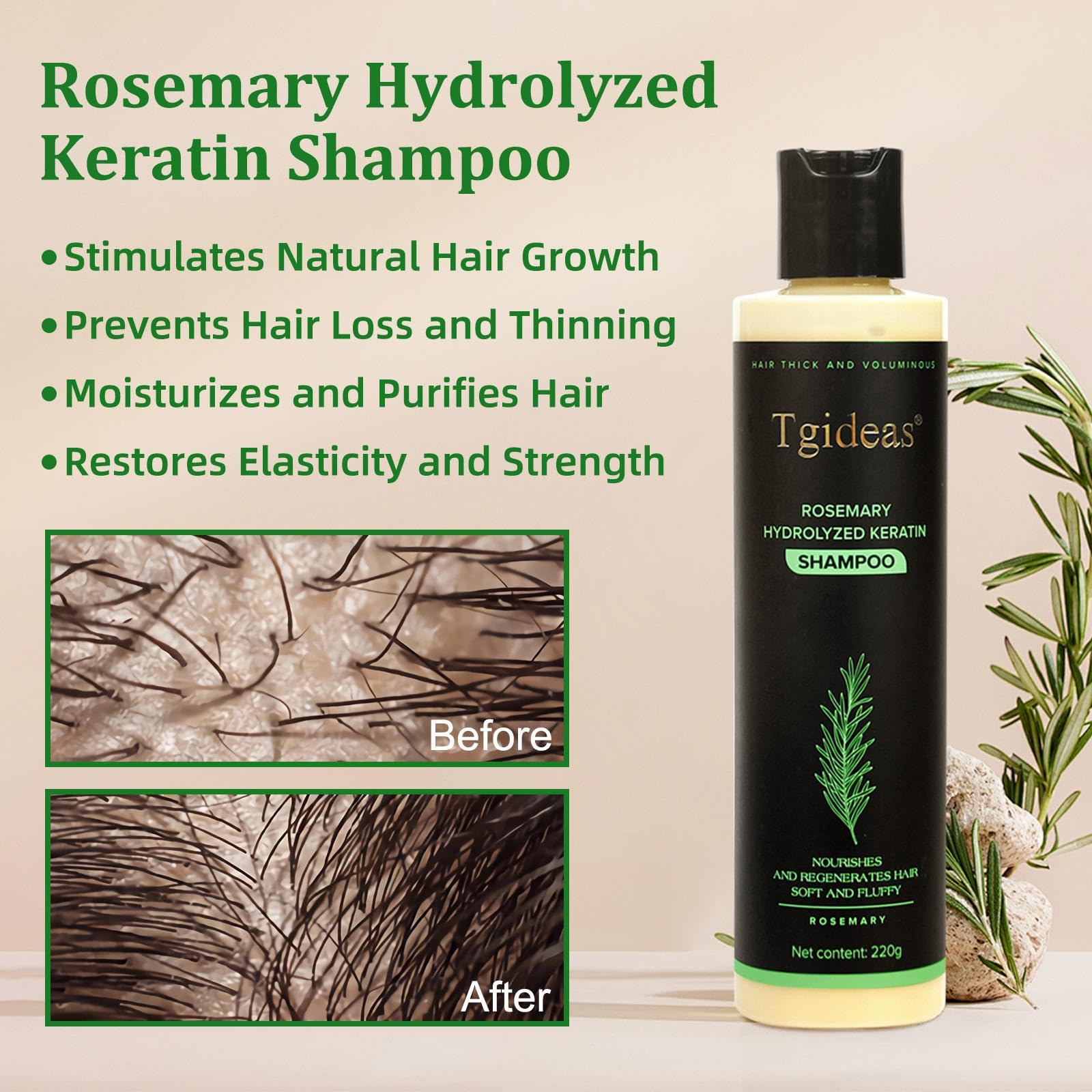 Tgideas Rosemary Biotin Shampoo pump demonstrates easy dispensing for daily cleansing and care