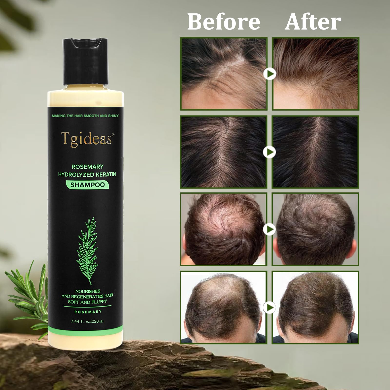 Tgideas rosemary hydrolyzed keratin ingredients close-up highlighting hair strengthening formula.
