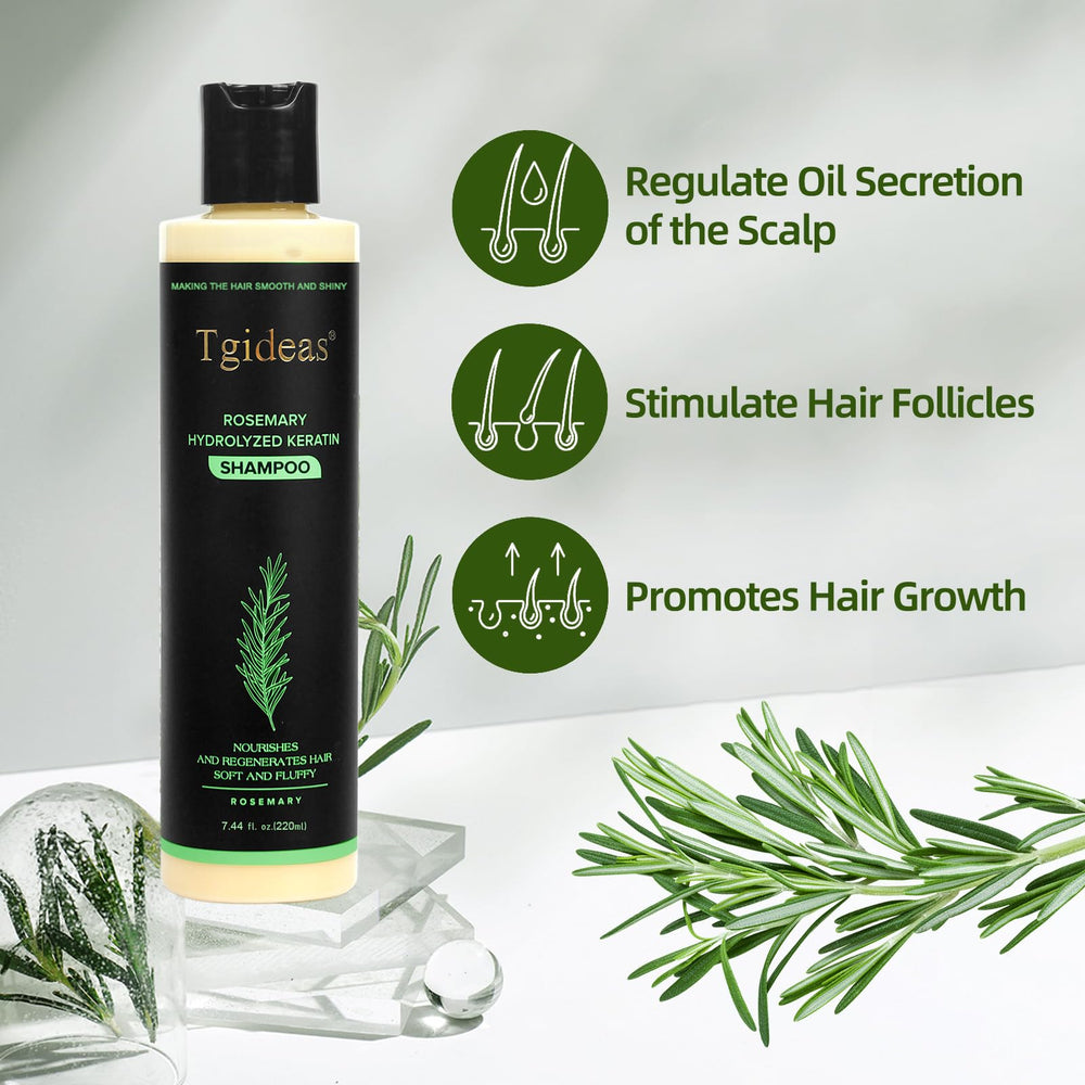 Tgideas rosemary shampoo bottle with rosemary leaves suggesting scalp nourishment and balance.