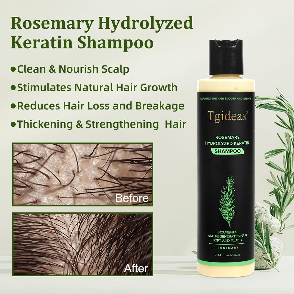 Tgideas Rosemary Shampoo label highlights natural ingredients for gentle cleansing.