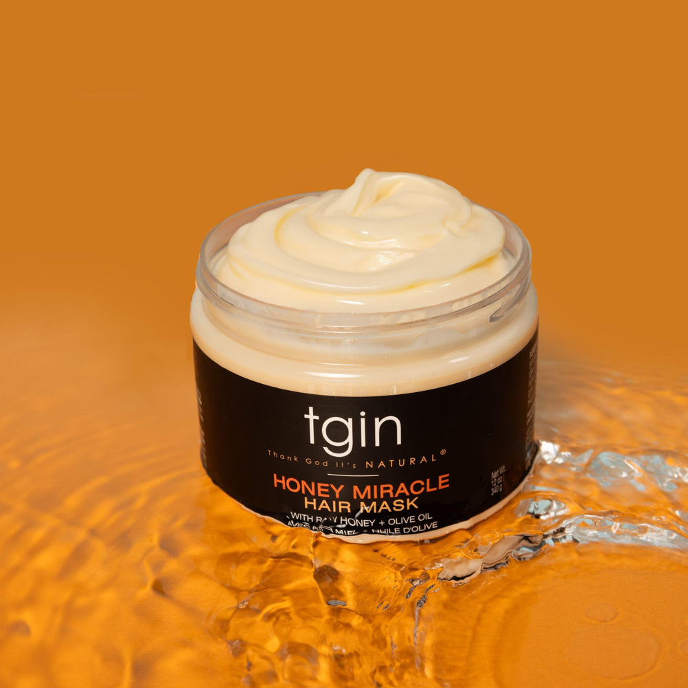 TGIN Honey Miracle Hair Mask jar close-up showing rich formula for softer, shinier curls