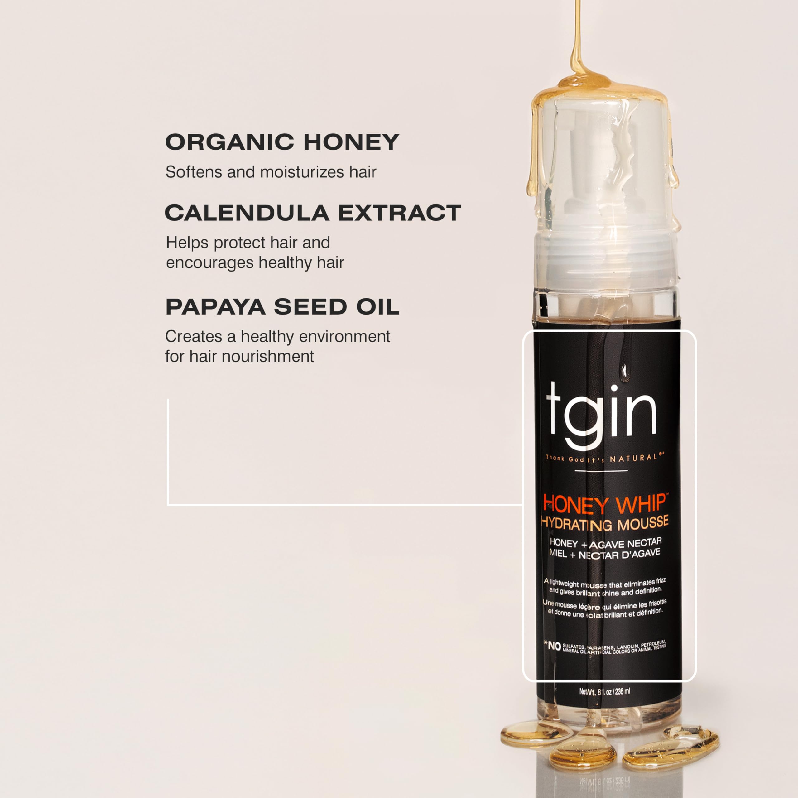 tgin Honey Whip Hydrating Mousse yields soft, touchable curls with no crunch