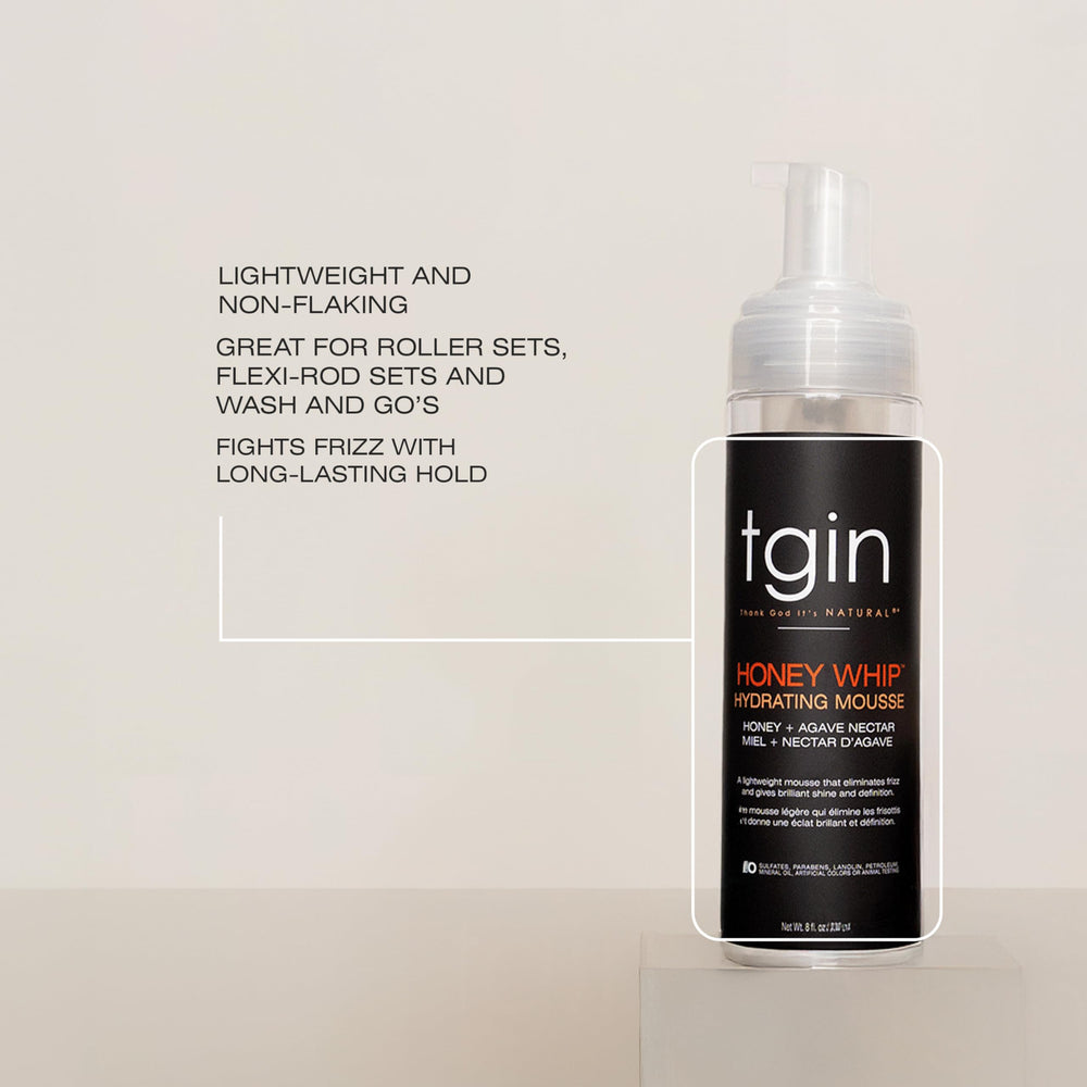 tgin Honey Whip Hydrating Mousse frizz control and shine on curly hair