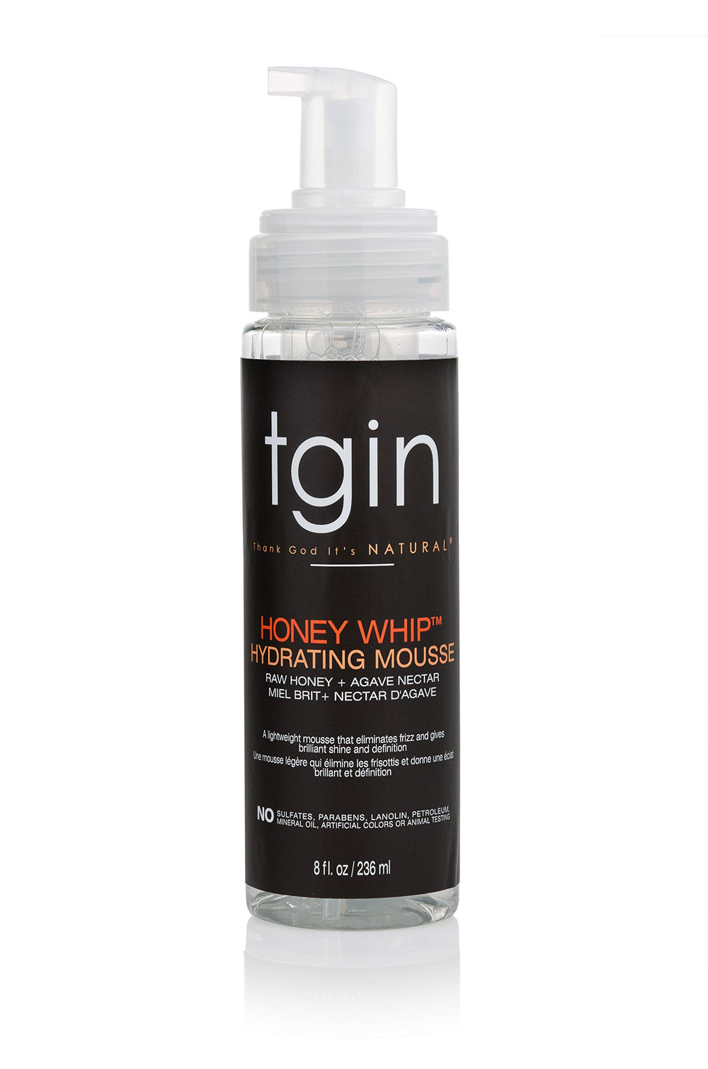 tgin Honey Whip Hydrating Mousse packaging highlighting moisture-rich formula for curls