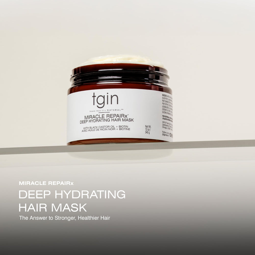 tgin Miracle RepaiRx jar label highlights biotin and black castor oil for repair.