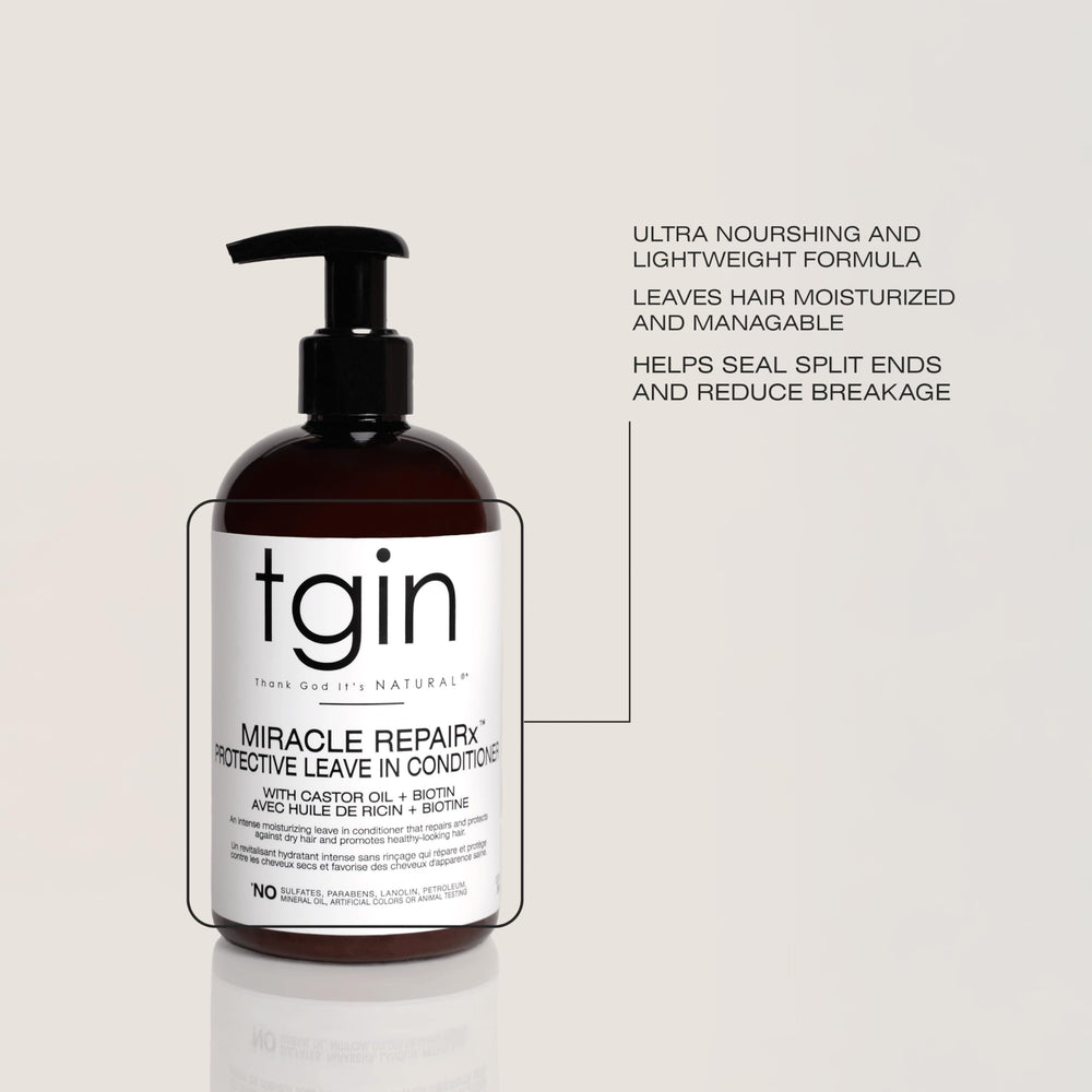 tgin Miracle RepaiRx biotin-infused hair scene suggesting length retention and strength