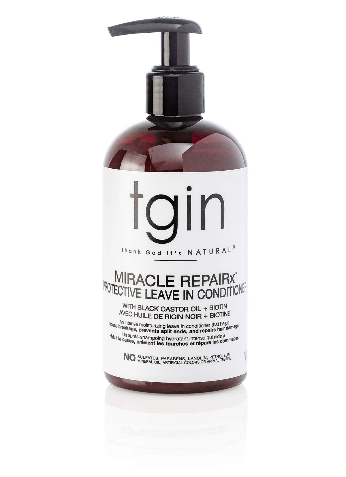 tgin Miracle RepaiRx bottle closeup showing lightweight leave-in conditioning for curls
