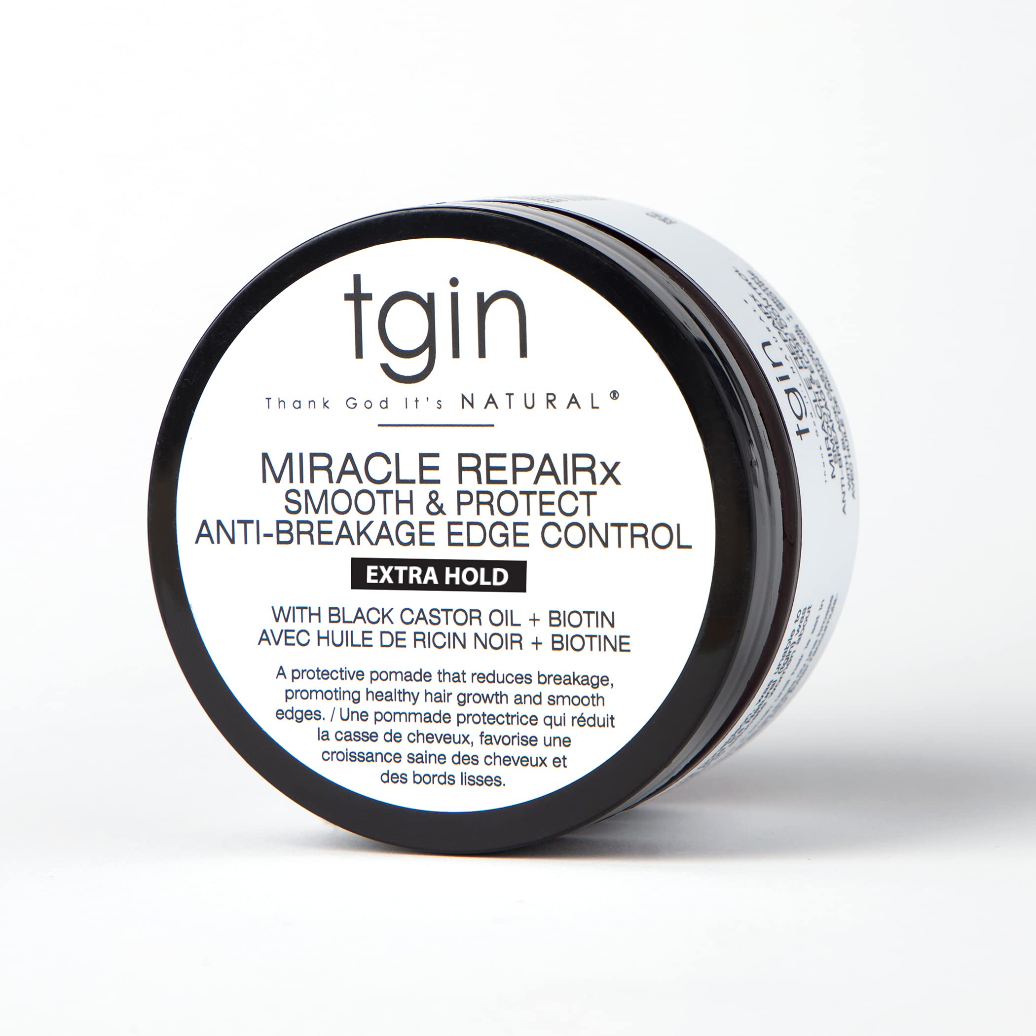 TGIN Miracle RepaiRx edge control jar close-up with non-sticky hold for smooth edges.