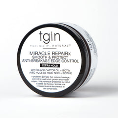 TGIN Miracle RepaiRx edge control jar close-up with non-sticky hold for smooth edges.
