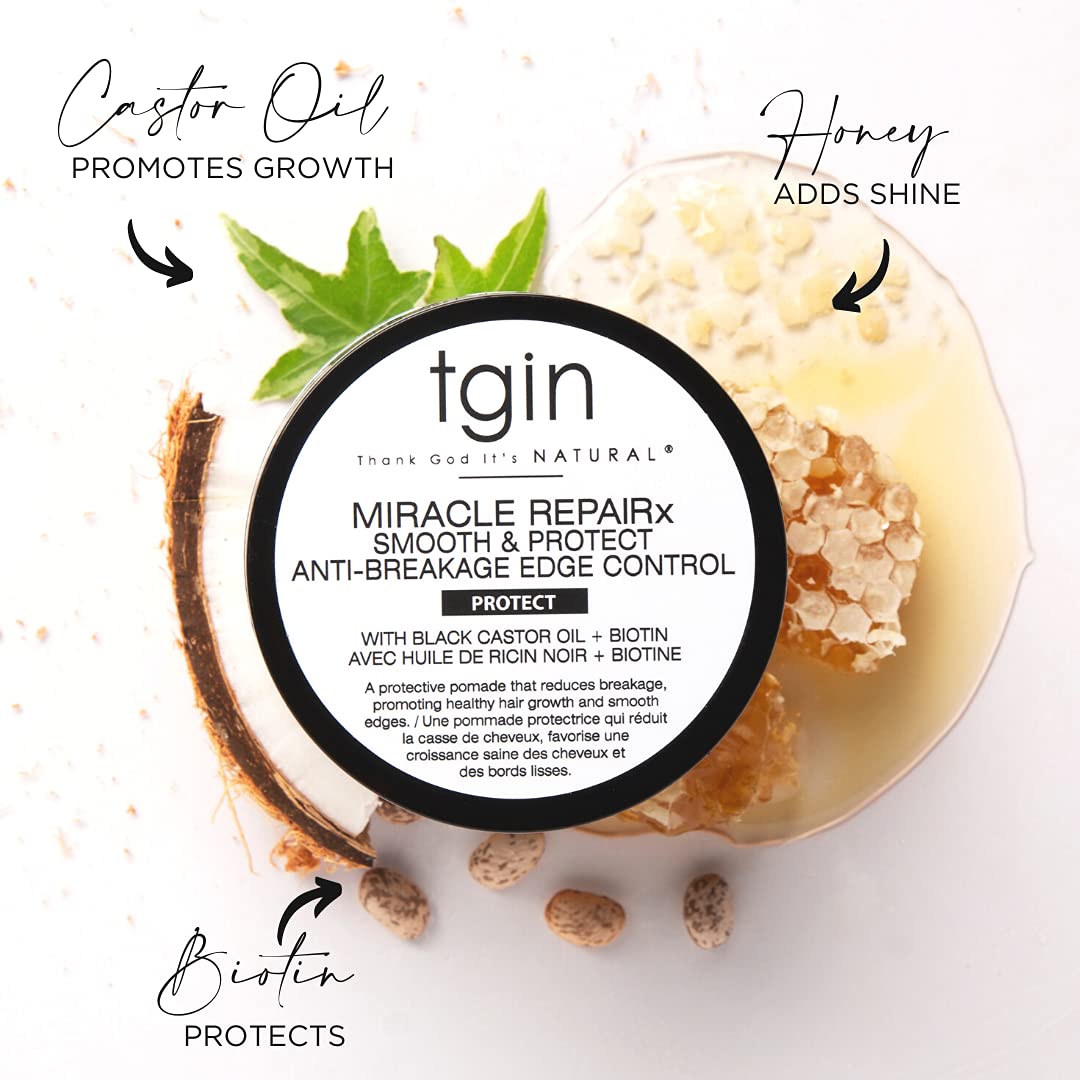 TGIN Miracle RepaiRx edge control shows non-flaking formula for clean finish.