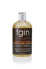 TGIN Moisture Rich Shampoo bottle pour demonstrates gentle cleansing for natural hair.