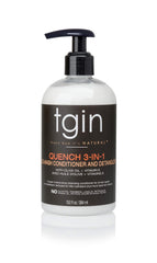 tgin Quench 3-in-1 co-wash bottle delivering lasting curl moisture.