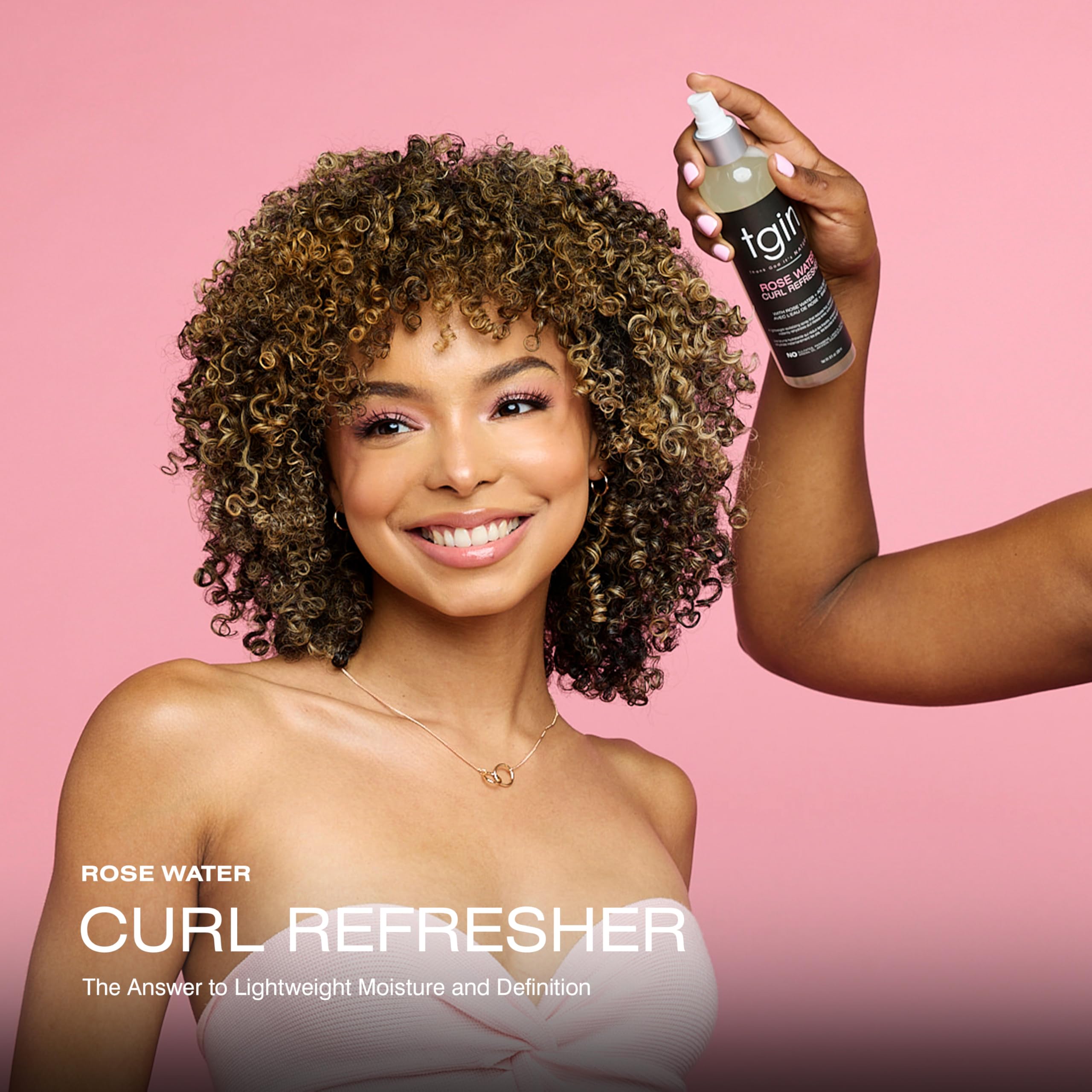 tgin Rose Water Curl Refresher spray demonstrates frizz reduction on curls
