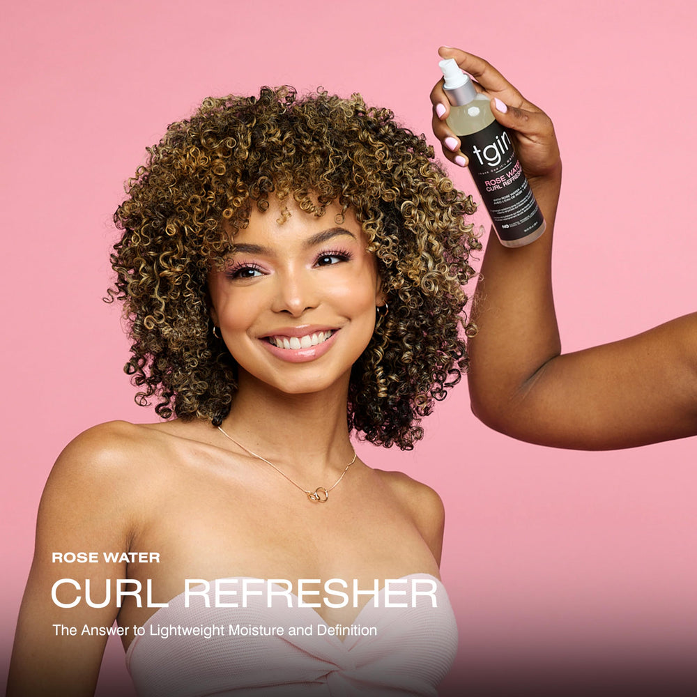 tgin Rose Water Curl Refresher spray demonstrates frizz reduction on curls