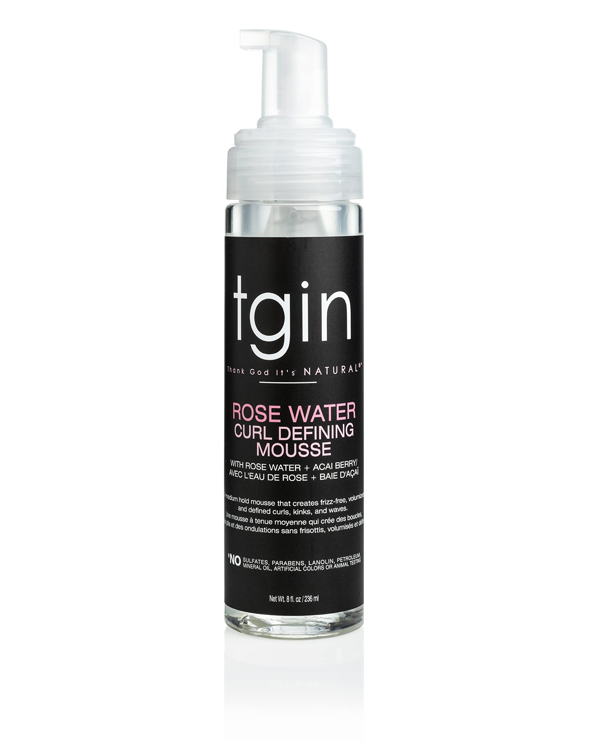 tgin rose water defining mousse bottle delivers lightweight curl definition and frizz control.