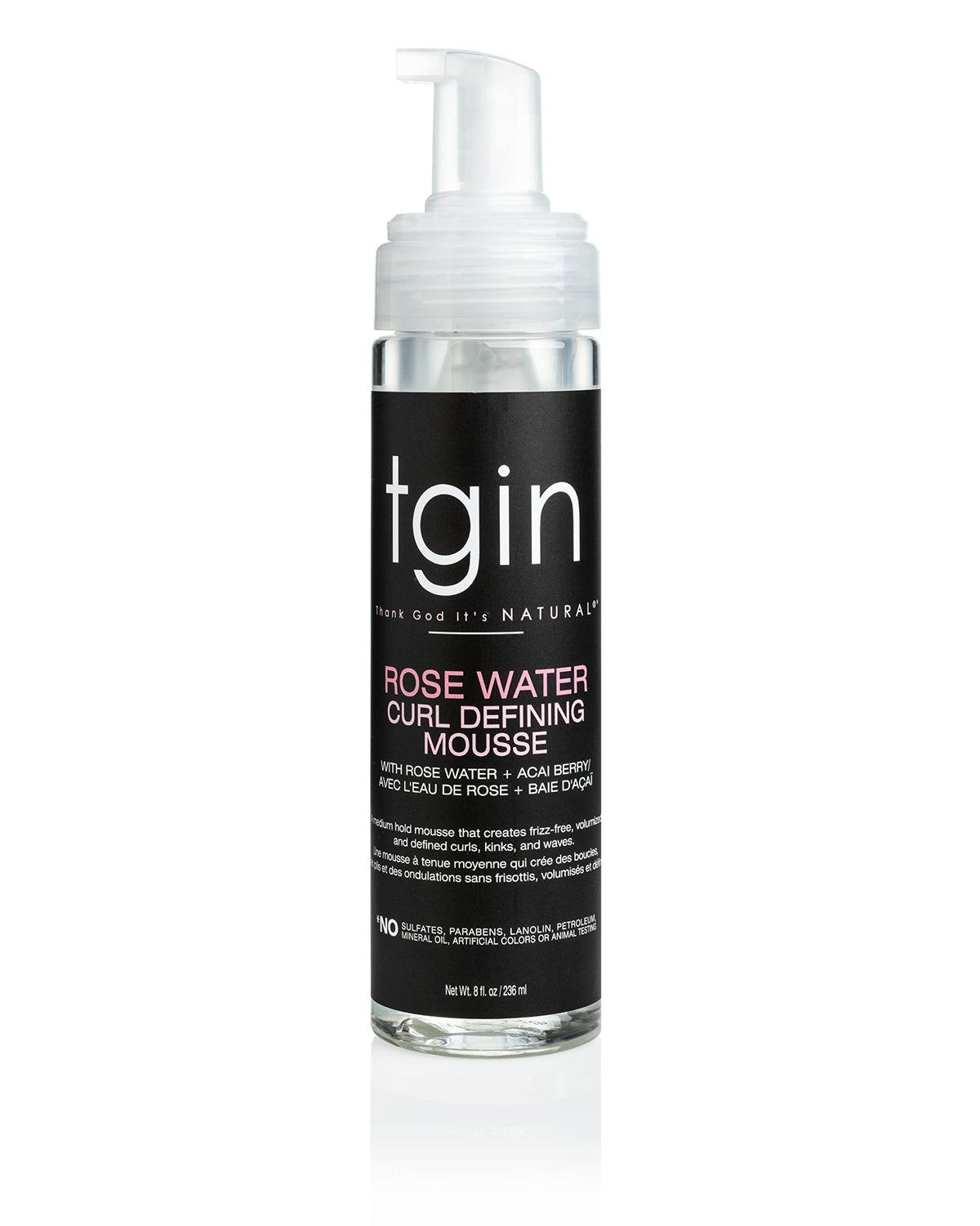 tgin rose water defining mousse bottle delivers lightweight curl definition and frizz control.