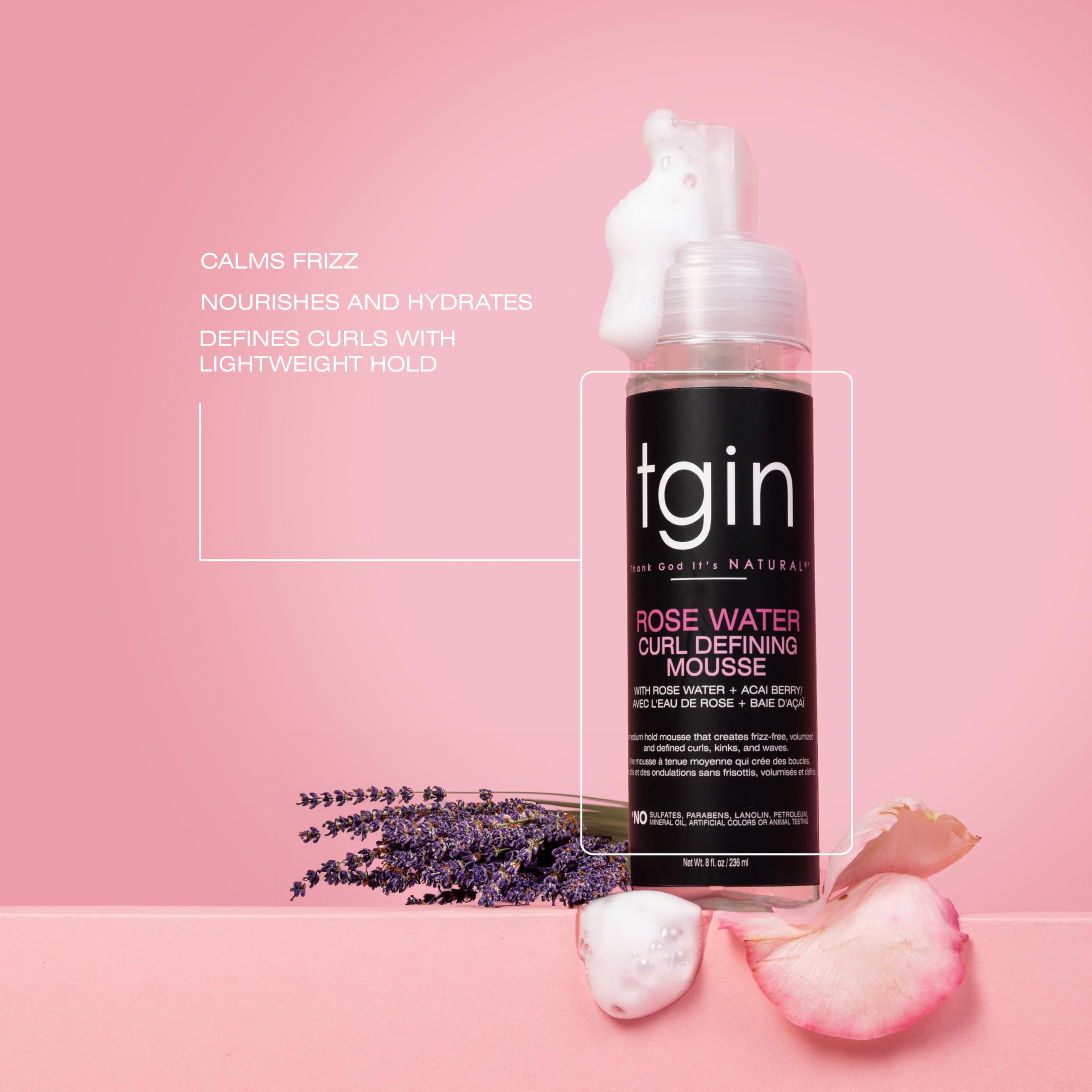 tgin rose water defining mousse dispensing action enables even, easy application.