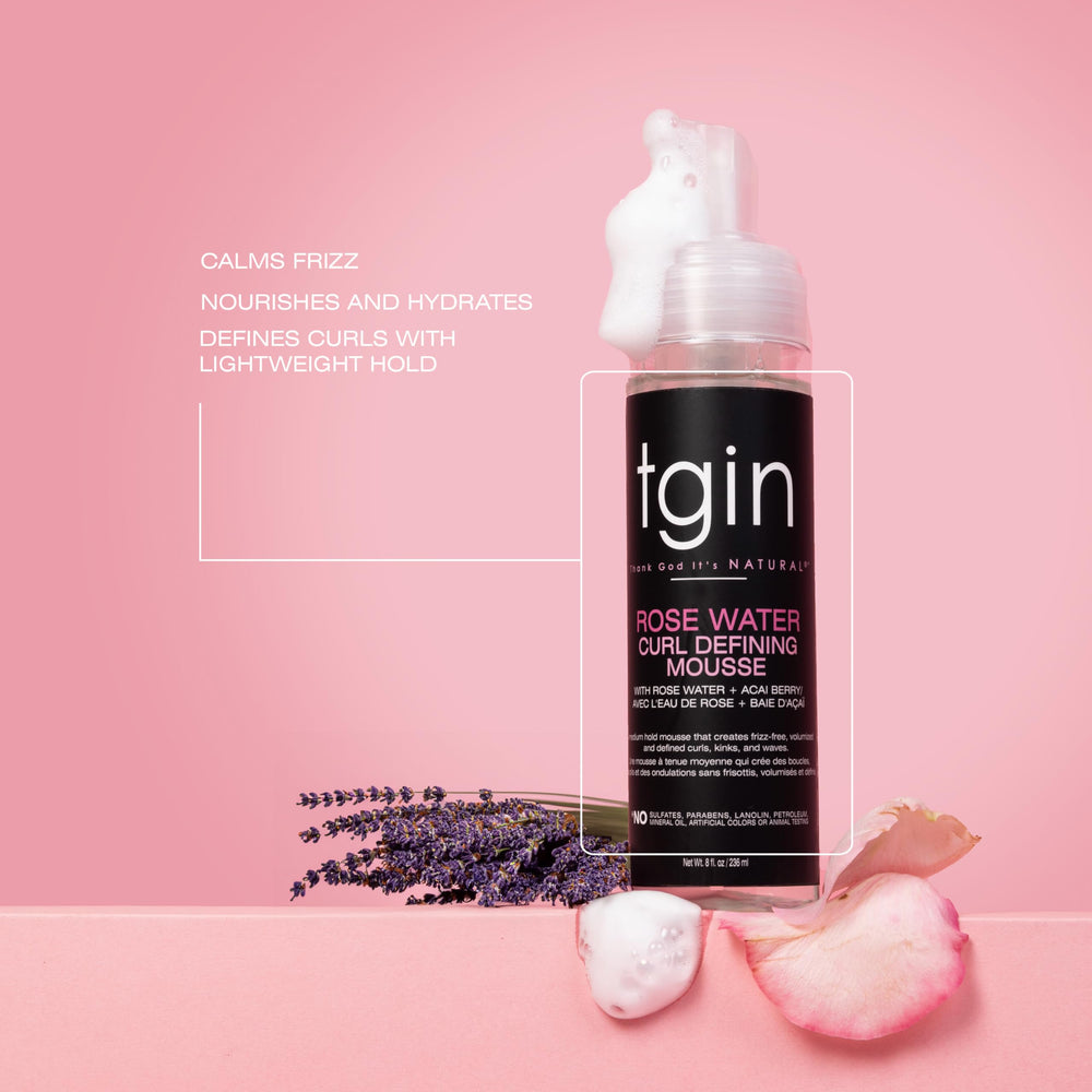 tgin rose water defining mousse dispensing action enables even, easy application.