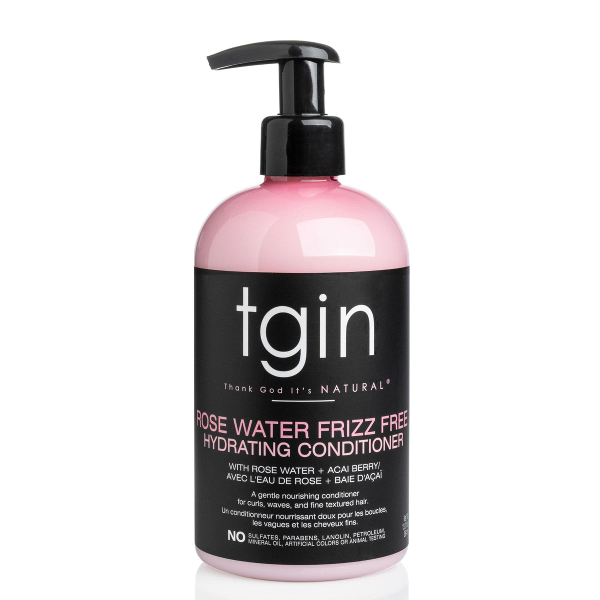 tgin Rose Water Frizz-Free Hydrating Conditioner bottle for frizz control and smooth curls.