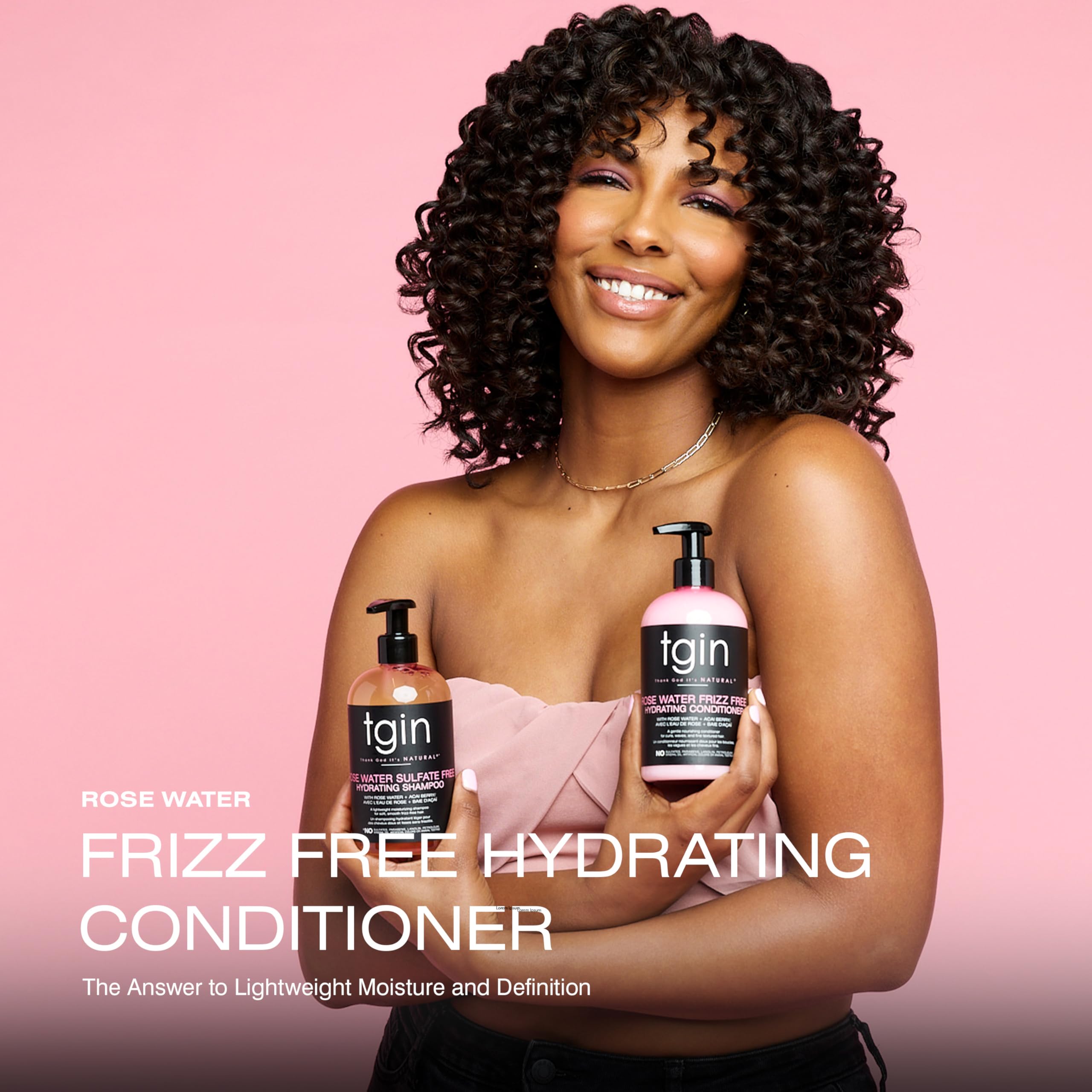 tgin Rose Water Frizz-Free Conditioner label highlights rose water and acai berry for nourishment.