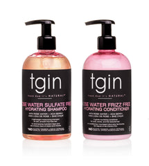 Tgin Rose Water Shampoo bottle shows lightweight hydration for curly hair.