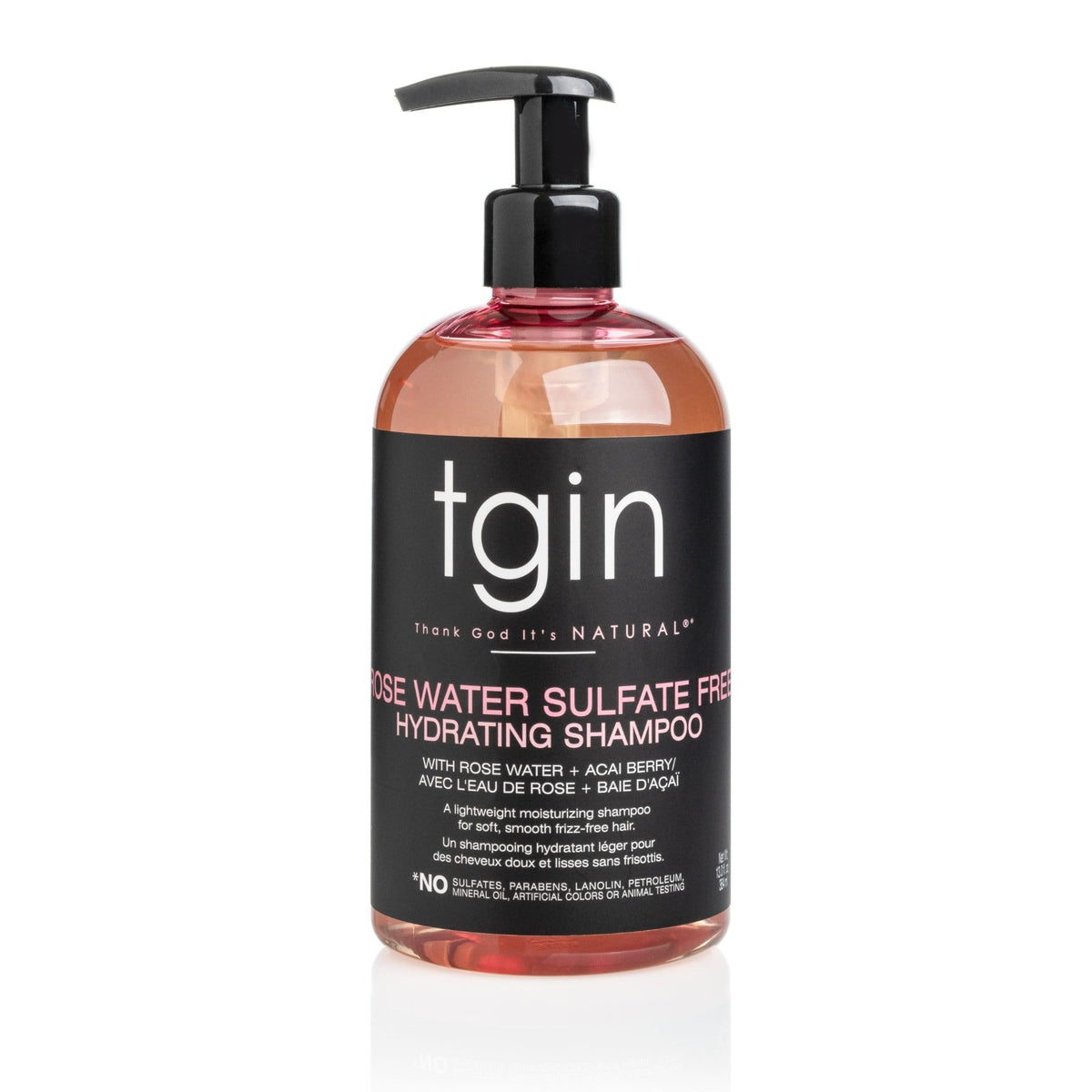 tgin Rose Water sulfate-free hydrating shampoo bottle provides gentle cleanse for curly hair
