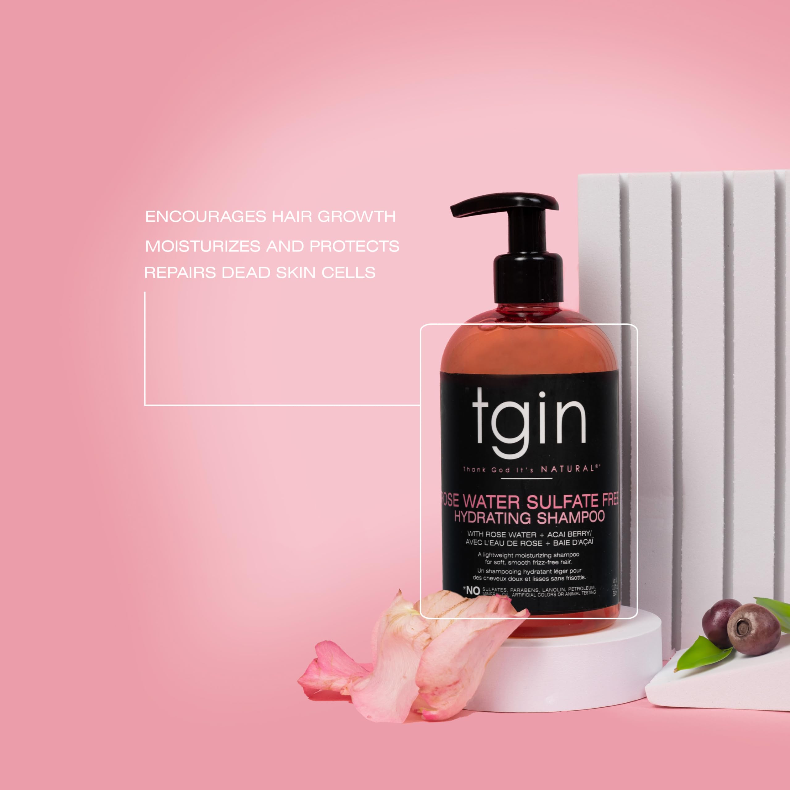 tgin Rose Water sulfate-free hydrating shampoo dispensing pump for easy daily use