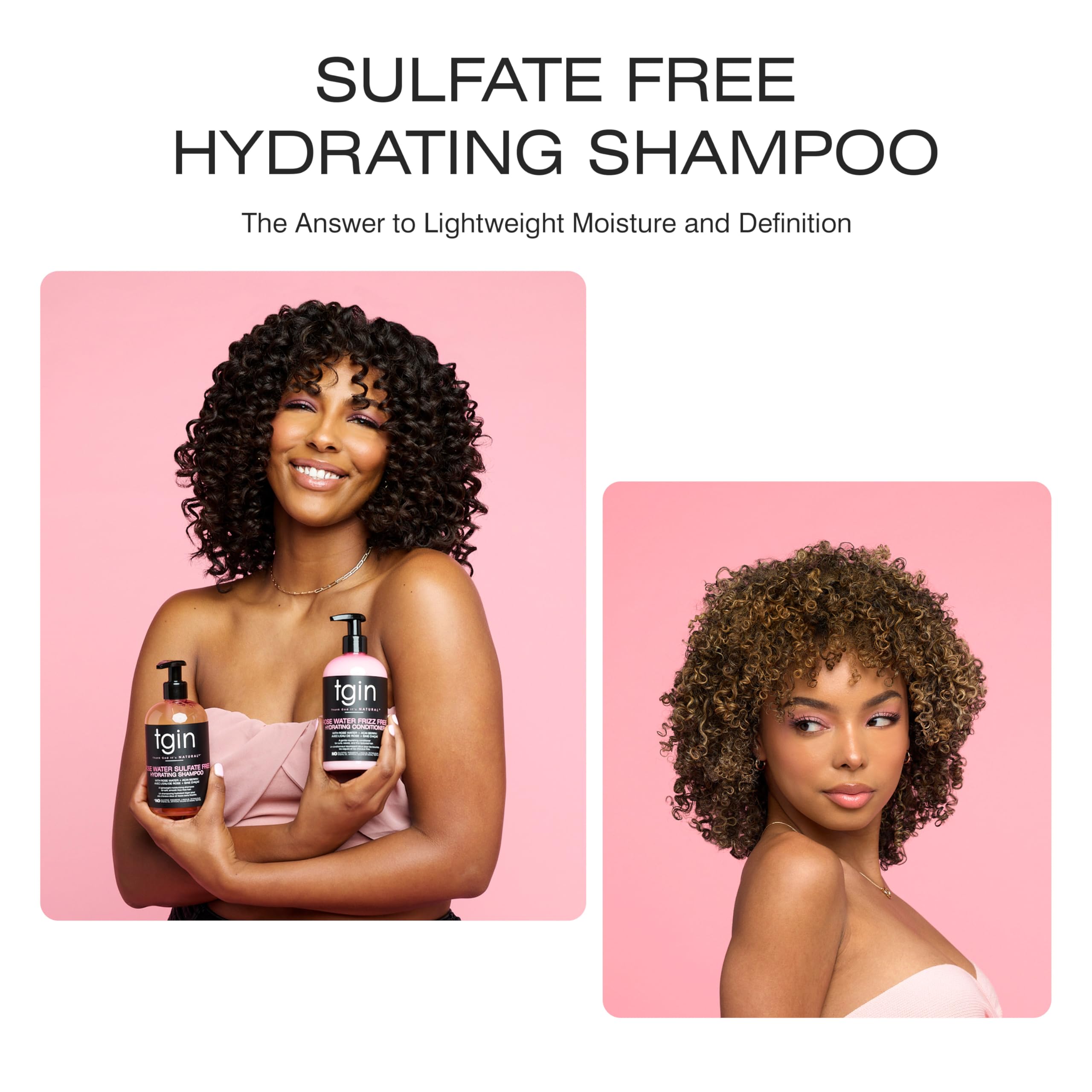 tgin Rose Water sulfate-free hydrating shampoo with rose petals and ingredients signaling nourishment