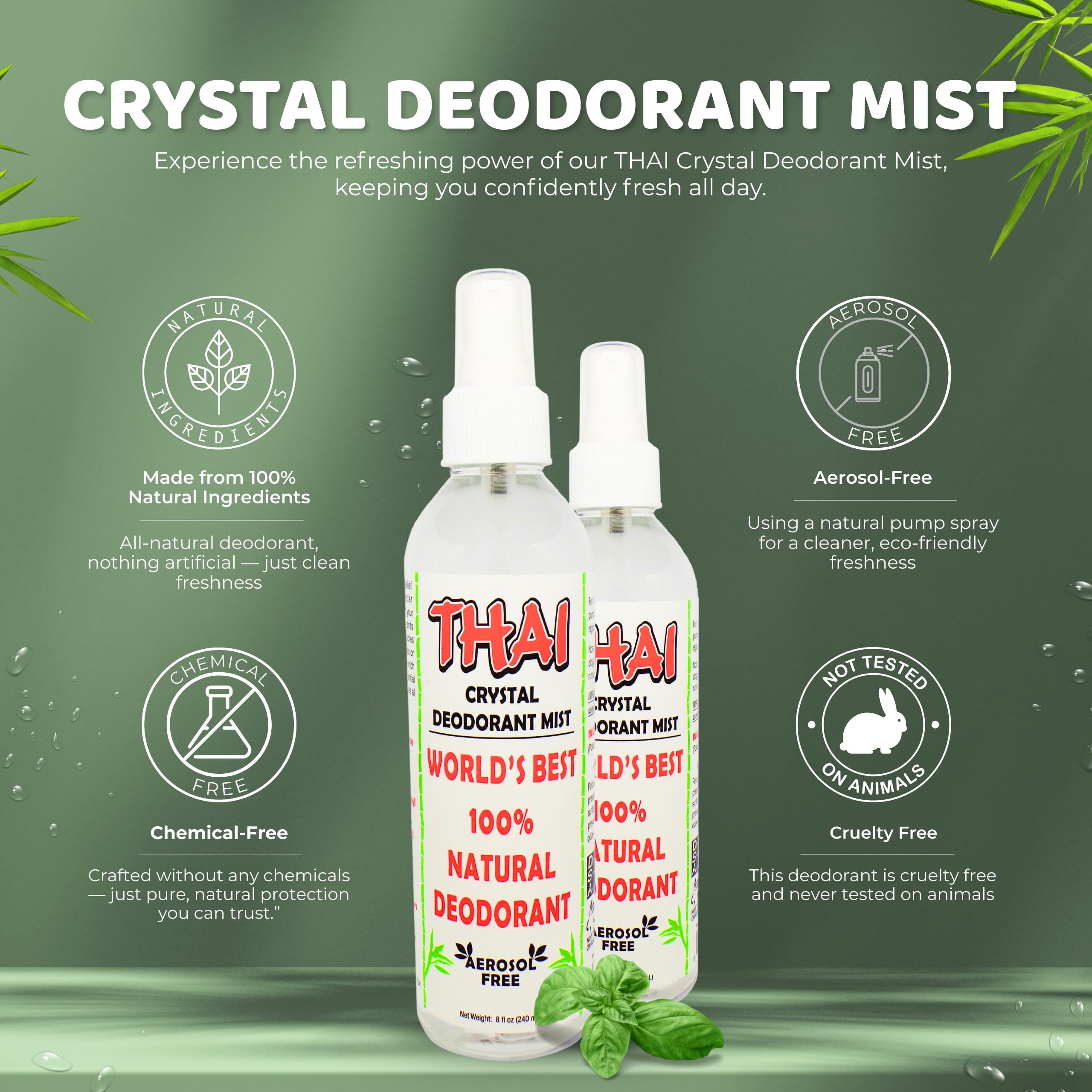 Thai Deodorant Stone Crystal Mist spray application showing easy coverage.