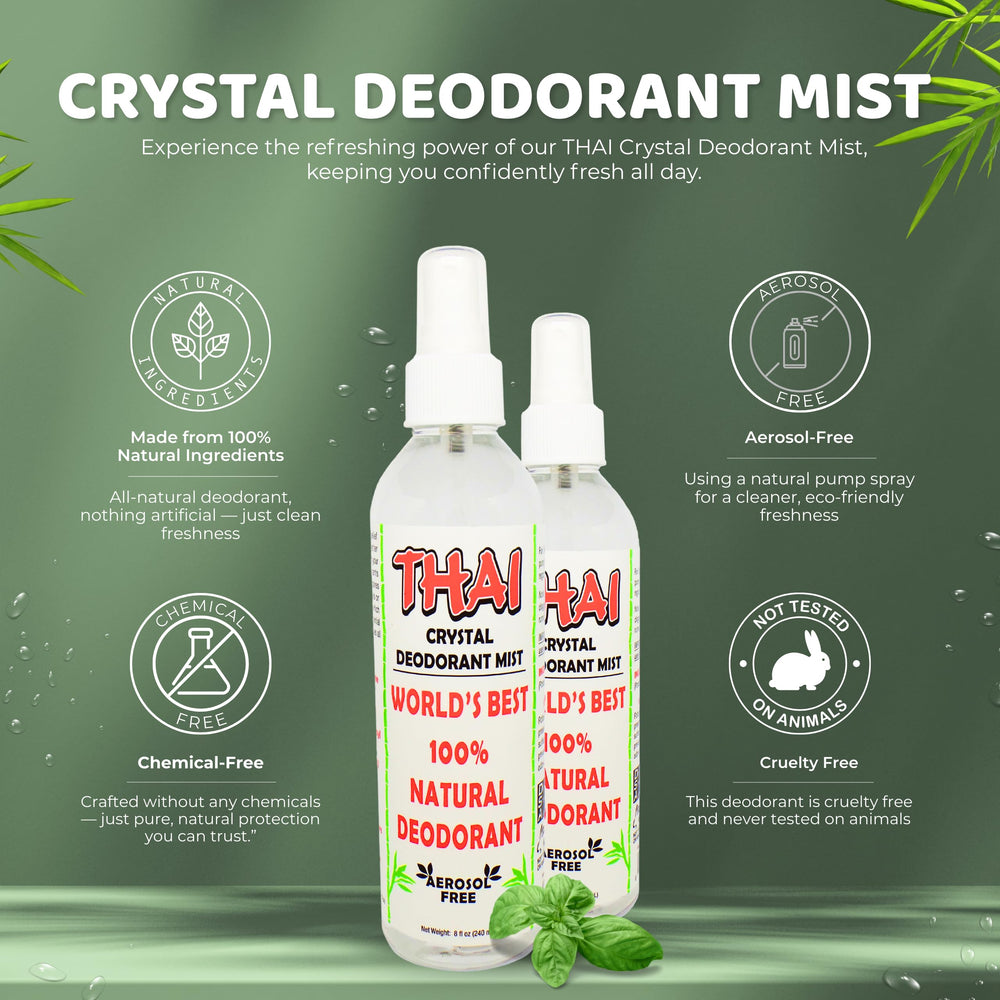 Thai Deodorant Stone Crystal Mist spray application showing easy coverage.
