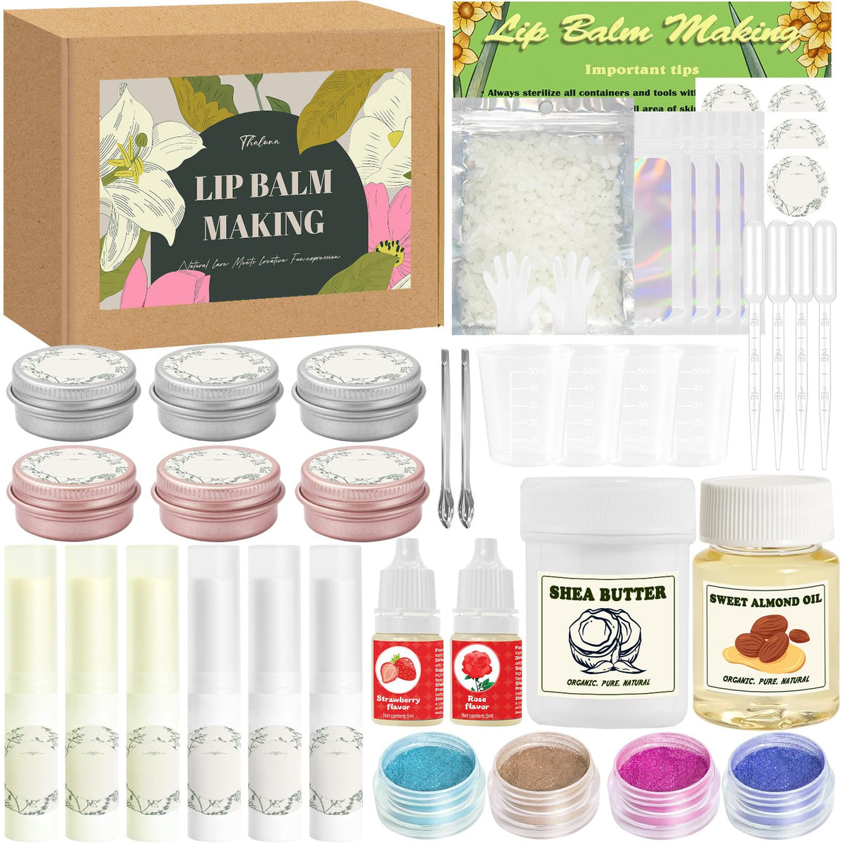 Thaluna lip balm kit box content neatly organized for DIY cosmetic projects