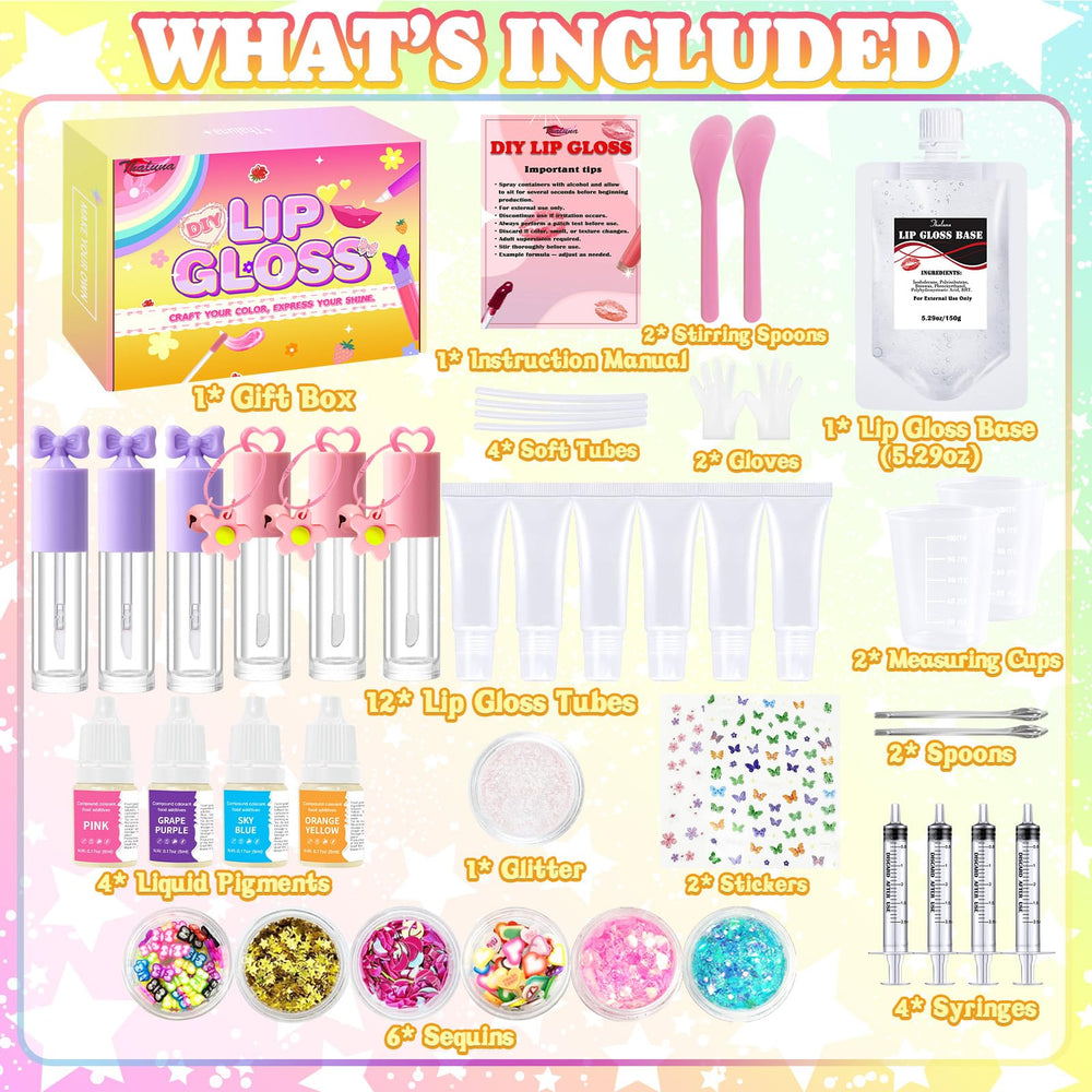 Thaluna lip gloss kit content layout with pigments, glitter, and base for bold color