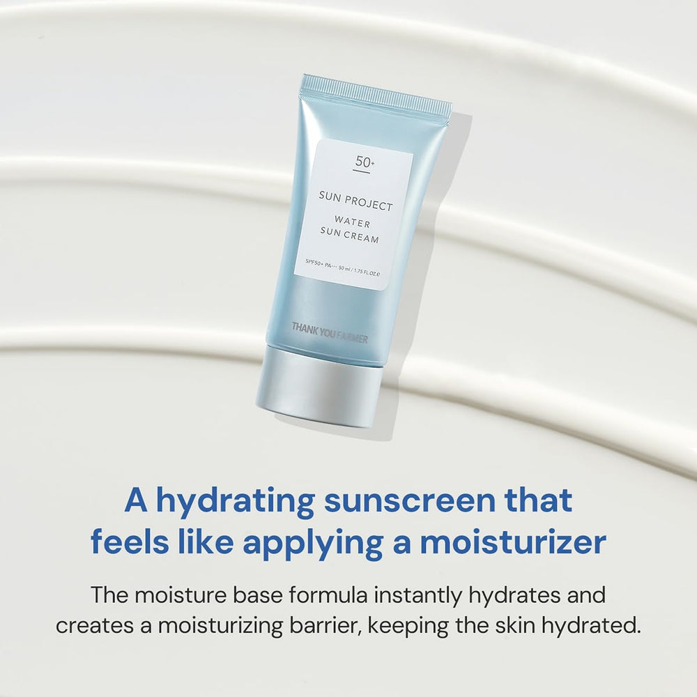 THANKYOU FARMER Sun Project Water Sun Cream water-splash shot highlights refreshing feel.