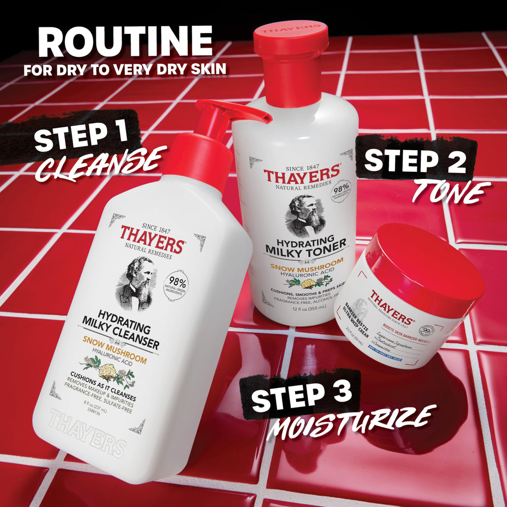 THAYERS Barrier Bestie cream on face closeup demonstrates gentle application for softer skin.