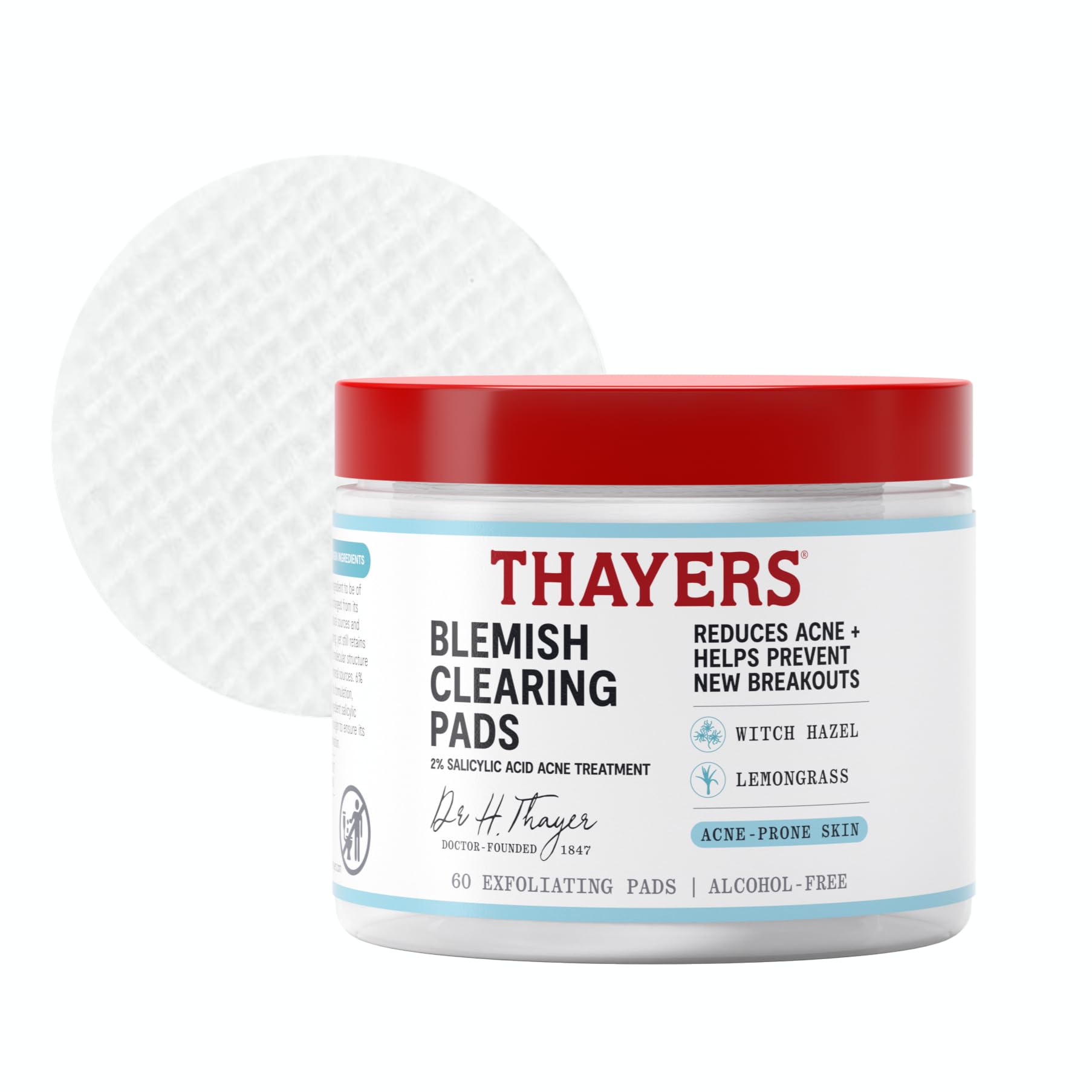 THAYERS front packaging showing blemish clearing pads and benefits