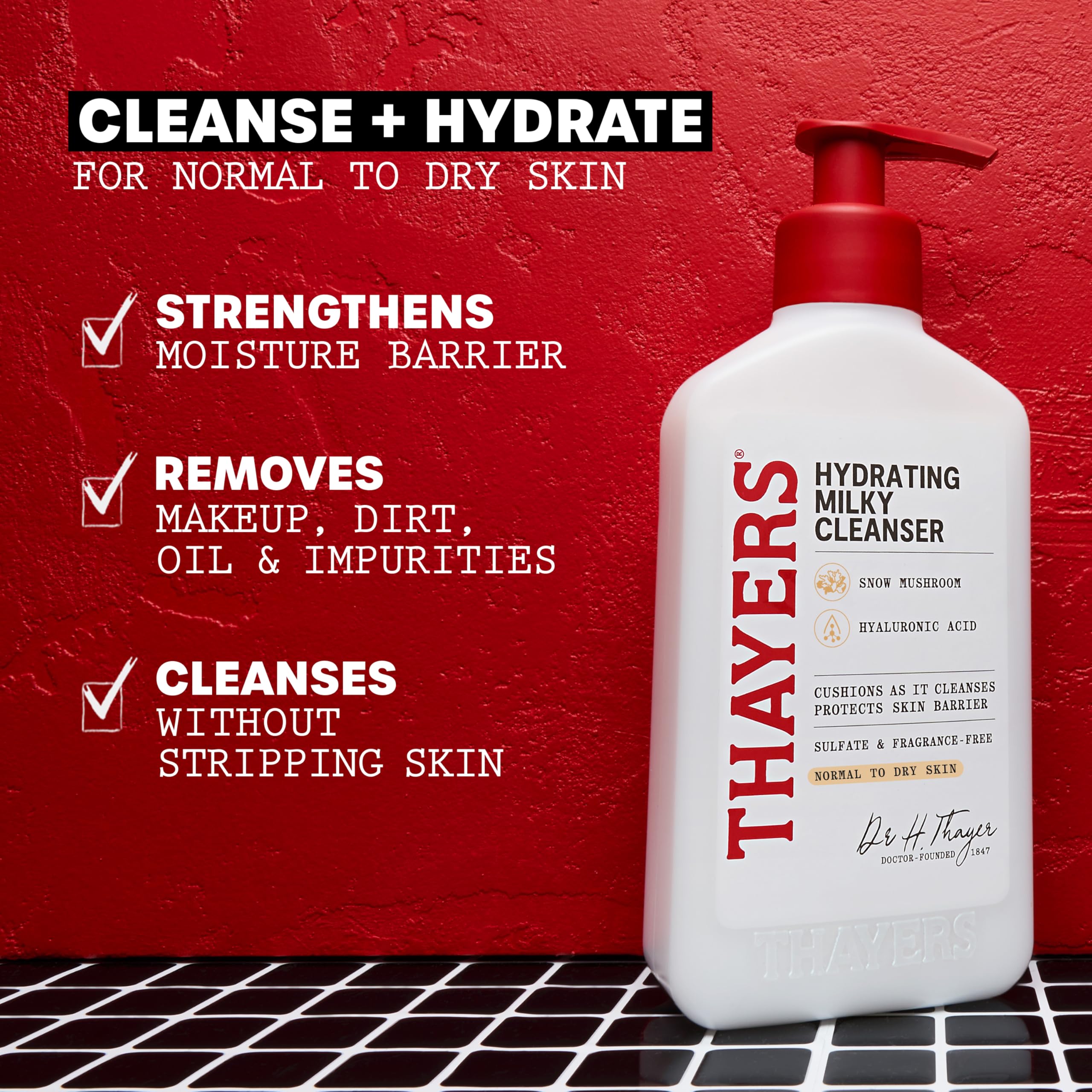 Thayers Milky Hydrating Cleanser elderflower water splash suggests gentle, fragrance-free cleansing.