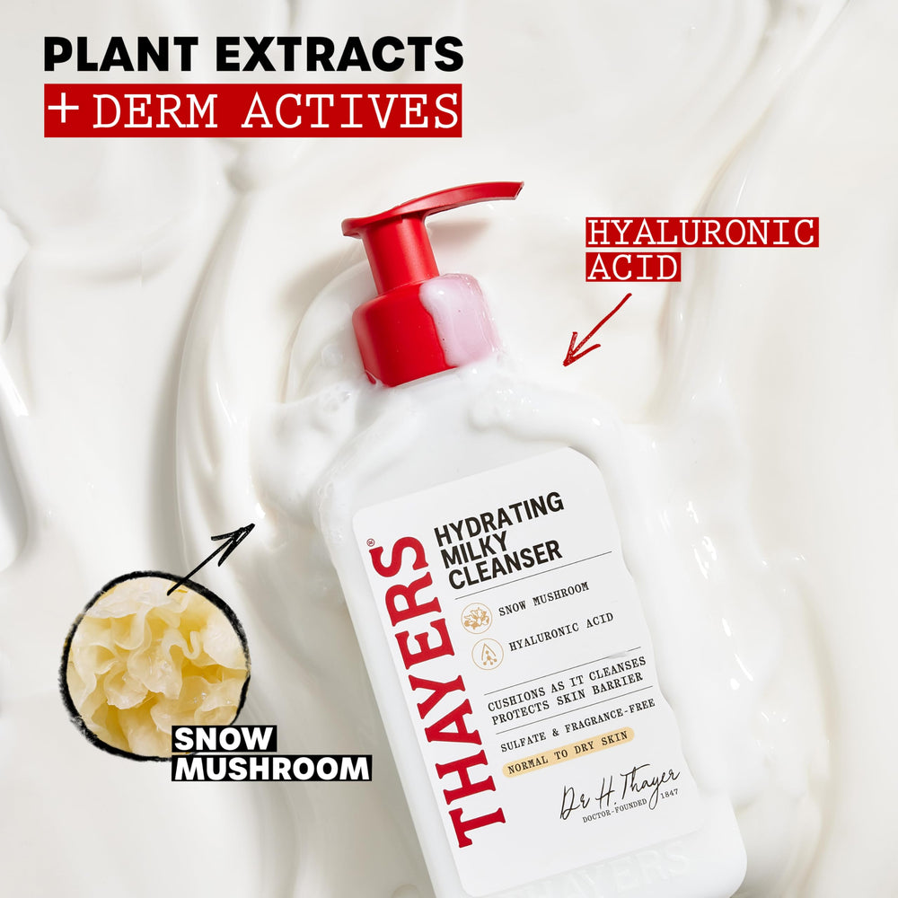 Thayers Snow Mushroom ingredient close-up highlights soothing hydration for dry, sensitive skin.