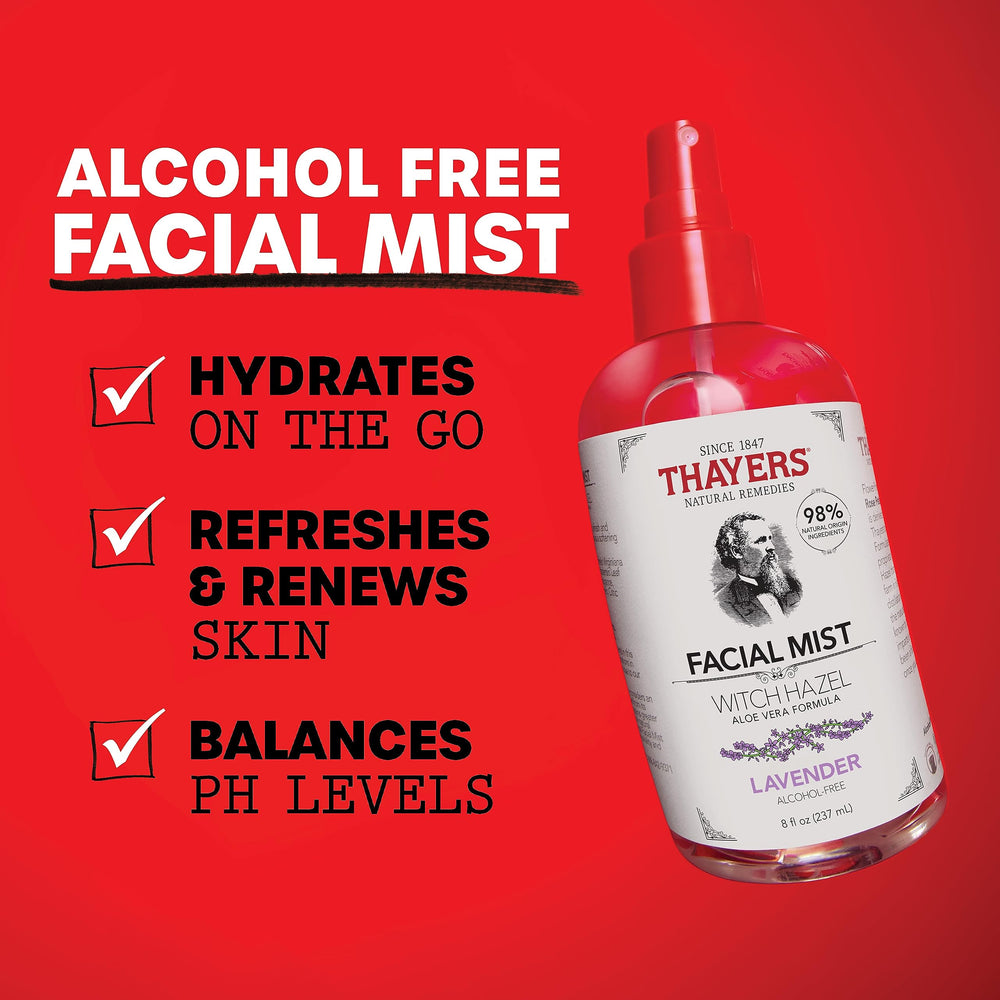 Thayers Witch Hazel Aloe Vera Lavender ingredients highlight natural origin and calming botanicals.